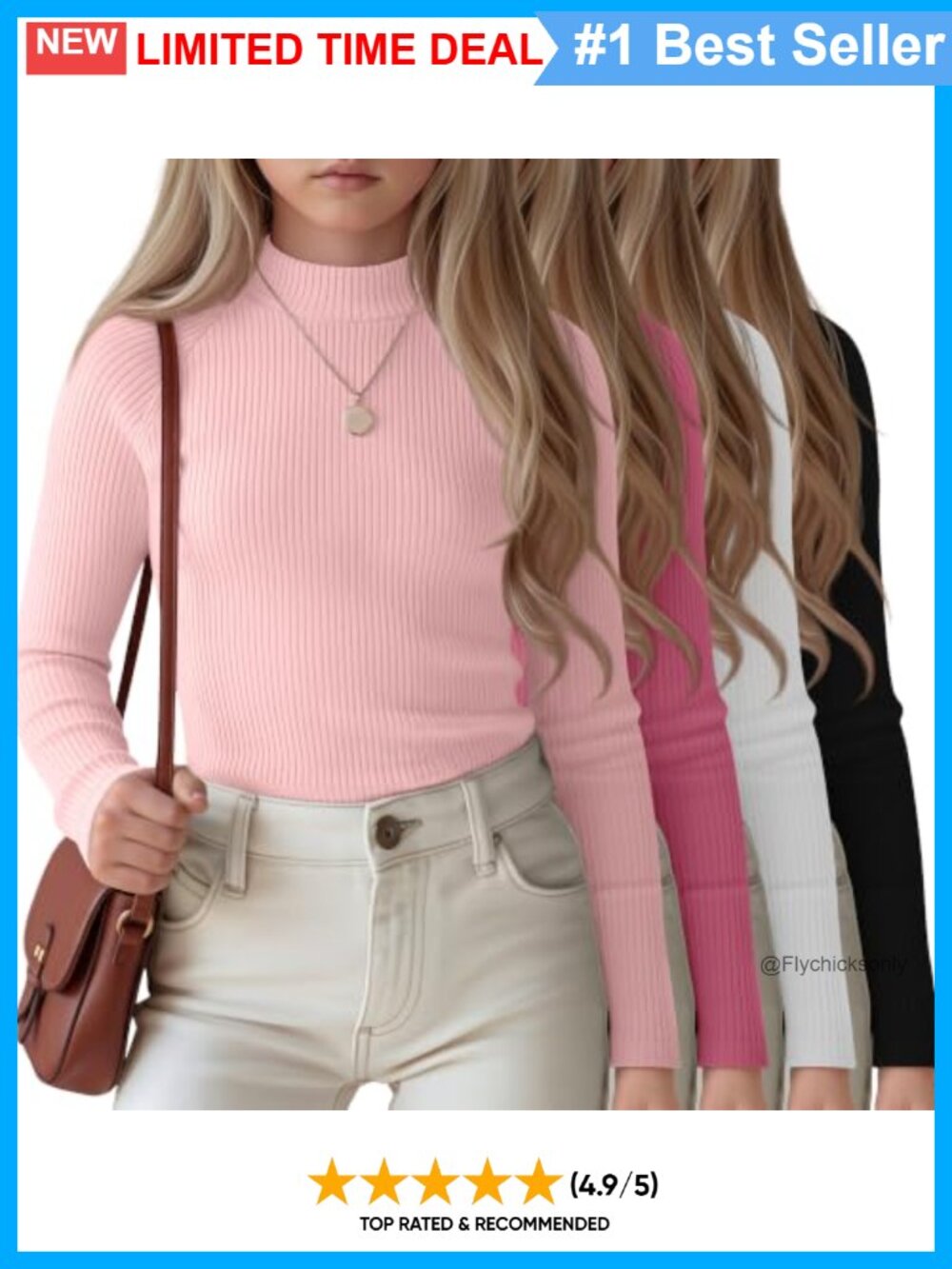 Girls 4 Pack Long Sleeve Mock Turtleneck Raglan Shirts Rayon Spandex Soft